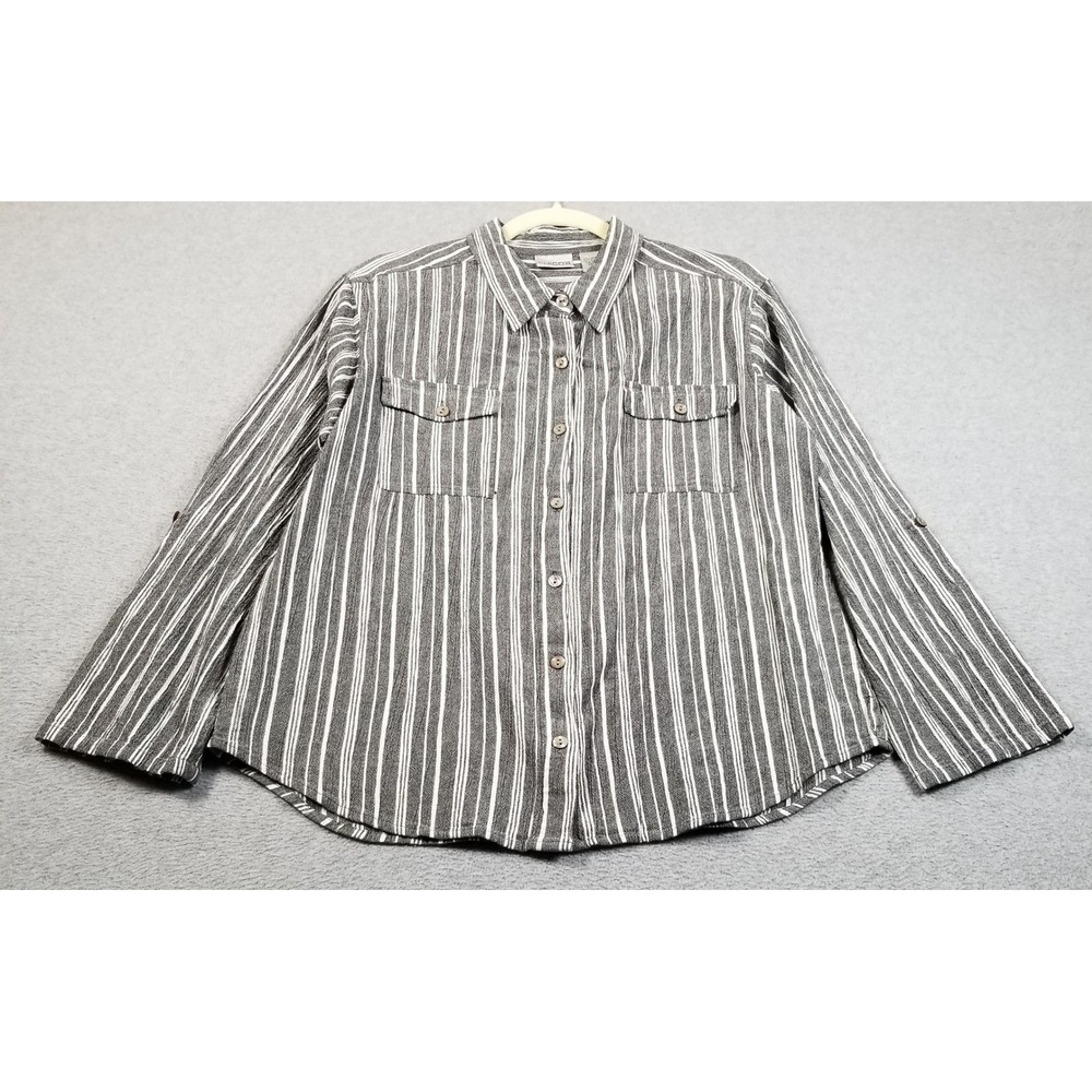 Chico's Button Up Shirt Women 2 Large Gray White Striped Long Sleeve Texture Top